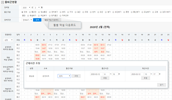 출·퇴근 근태현황 조회 및 통계