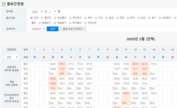 월별 근태현황 조회 및 통계