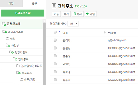 메일 기업 조직도 기반의 공용 주소록 제공